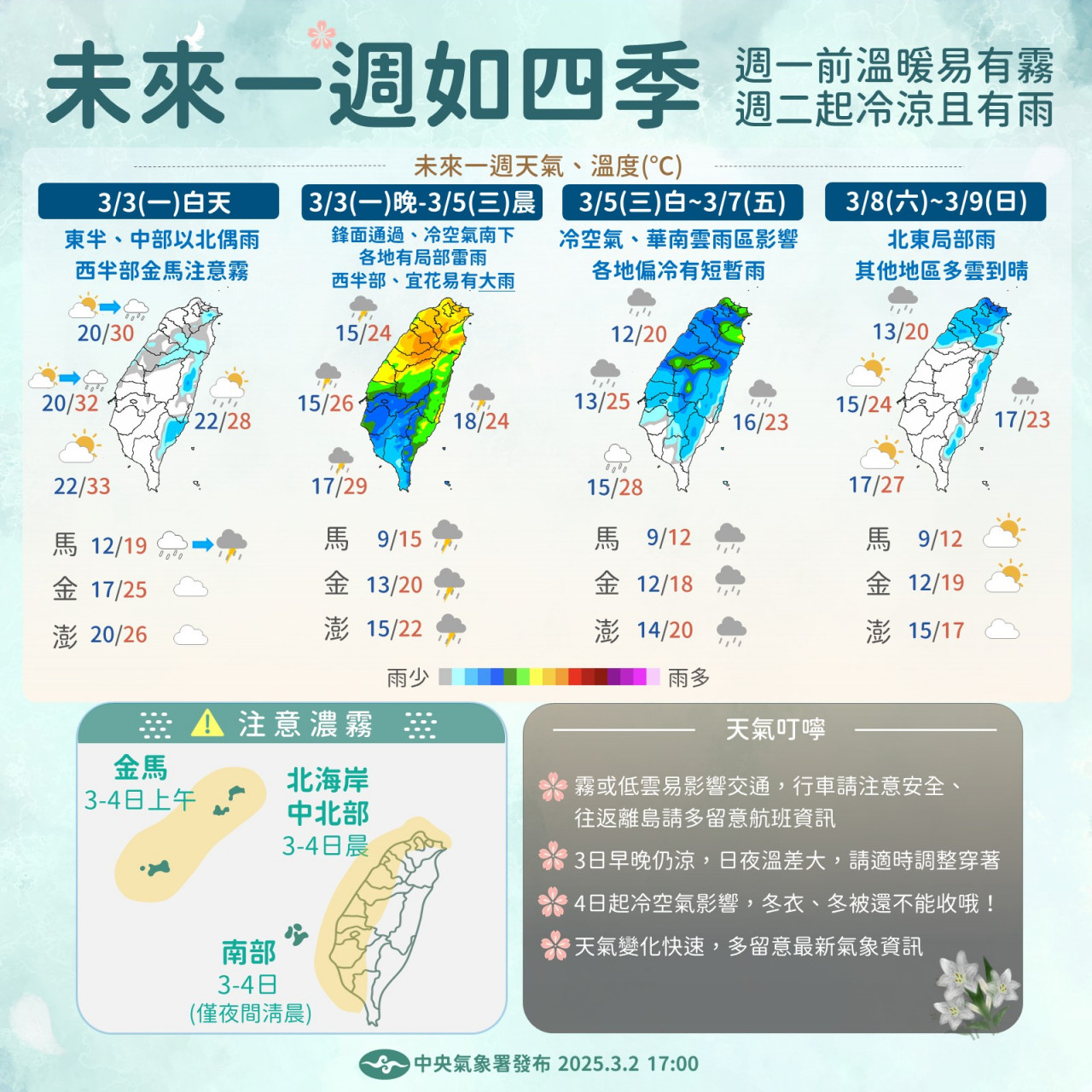 本週天氣系統多變化，鋒面，冷空氣，華南雲系輪番上陣