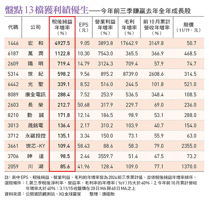 盤點13檔獲利績優生——今年前三季賺贏去年全年成長股