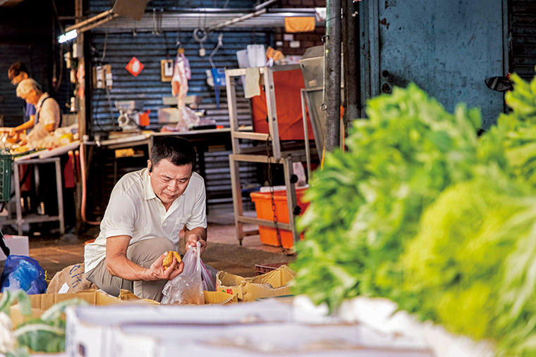 走進菜市場的楊光宗，挑菜的神情和做菜一樣認真。