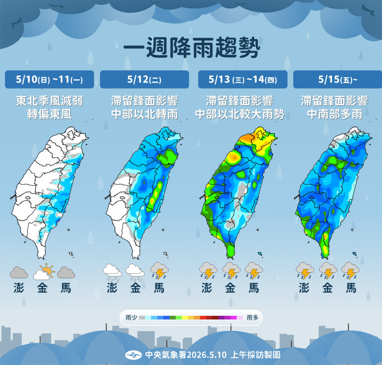 天氣／這天起全台有雨「連4天濕涼」，第3波梅雨鋒面報到！上班衣服怎麼穿？10日預報搶先看