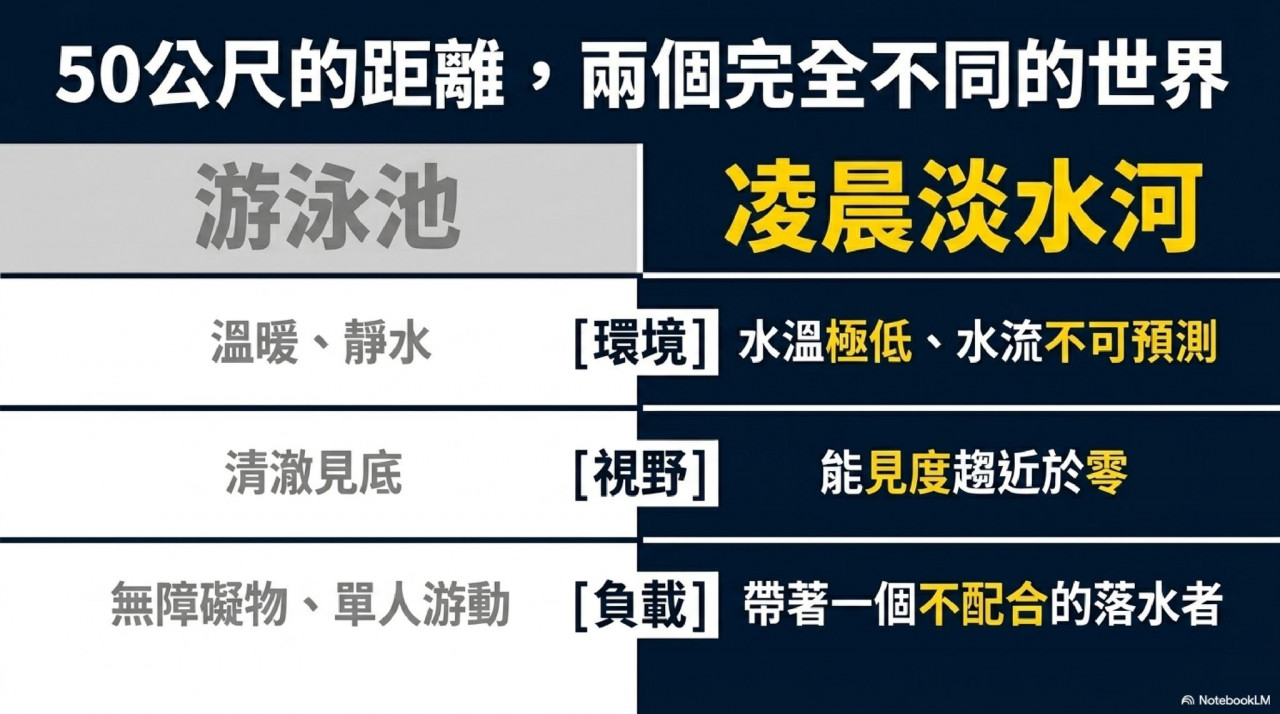 同樣50公尺 河流跟游泳池是完全不同的世界