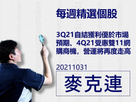 【麥克連】20211031精選個股：3Q21自結獲利優於市場預期、4Q21受惠於雙11網購商機，營運將再度走高