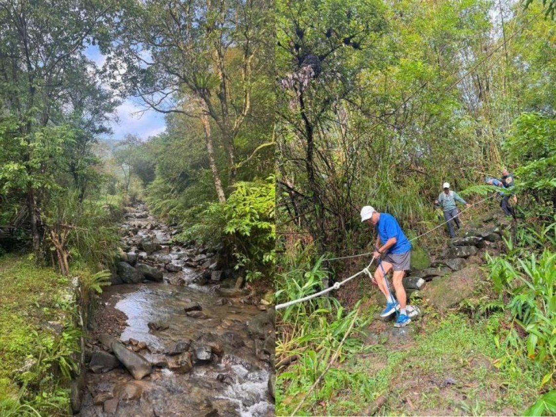 盤山坑、中坑西山…陡降坡伴隨小溪湍流，謝金河深入雙溪原始山徑，繩索在山林中猶如海上燈塔