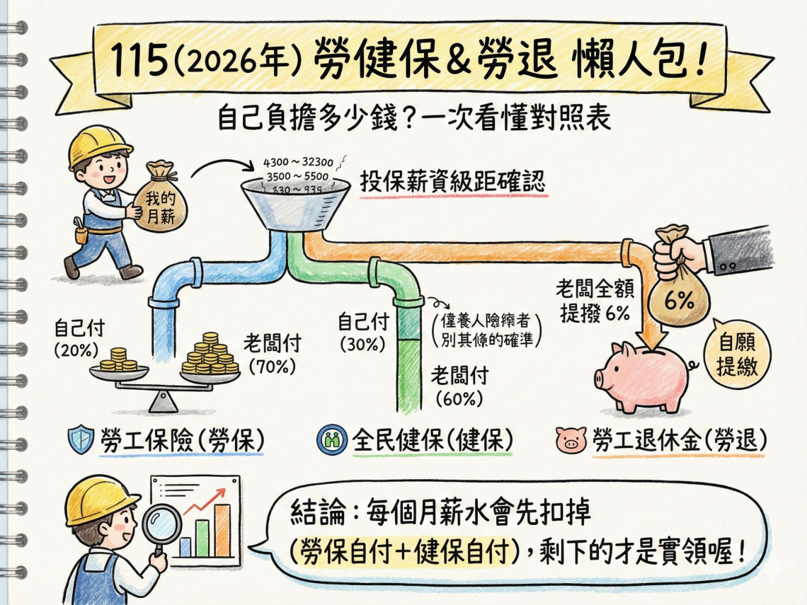 2026勞保投保薪資級距：勞保、健保、勞退提撥對照表！自己負擔多少勞保健保費一次看