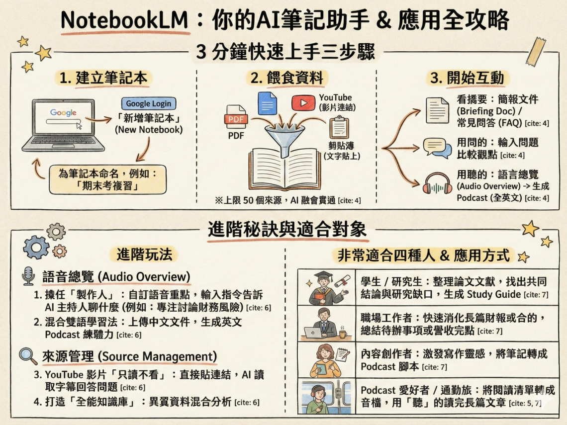 NotebookLM教學圖解包「10個超強用法」！怎麼用？3步驟入門、免費方案、應用場景實測