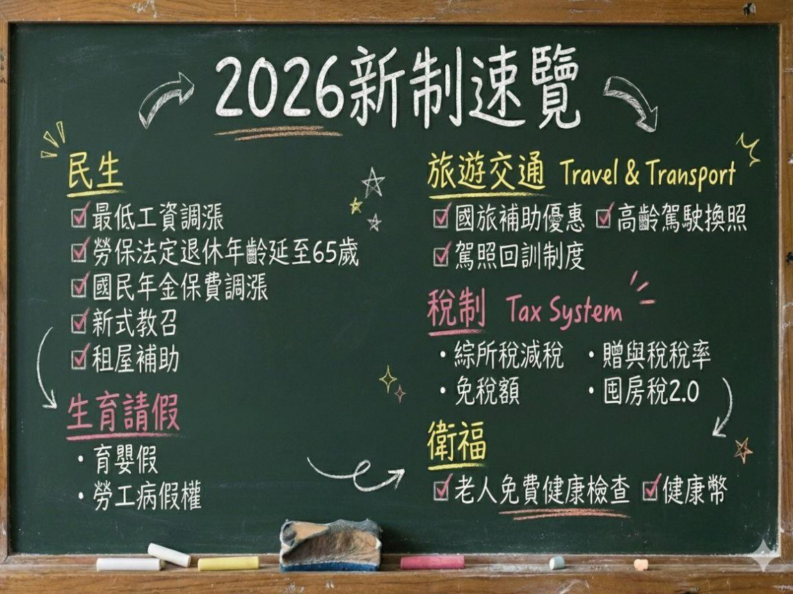 2026新制／最低工資、勞保年金退休年紀、勞工請假、租屋補助、國旅補助...14項新制懶人包