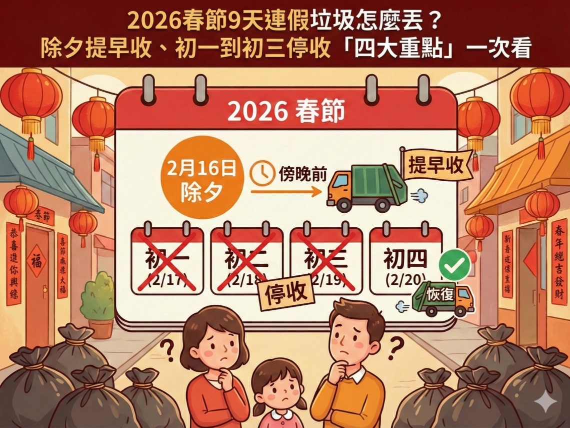 2026過年垃圾車懶人包》除夕幾點收？初一到初三哪裡能倒？全台清運時間表、巨大垃圾預約截止日快看