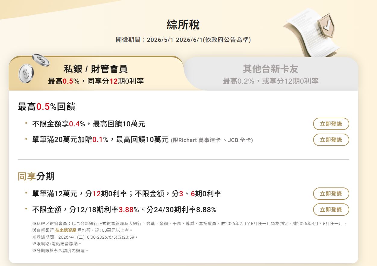 台新銀行信用卡繳稅優惠