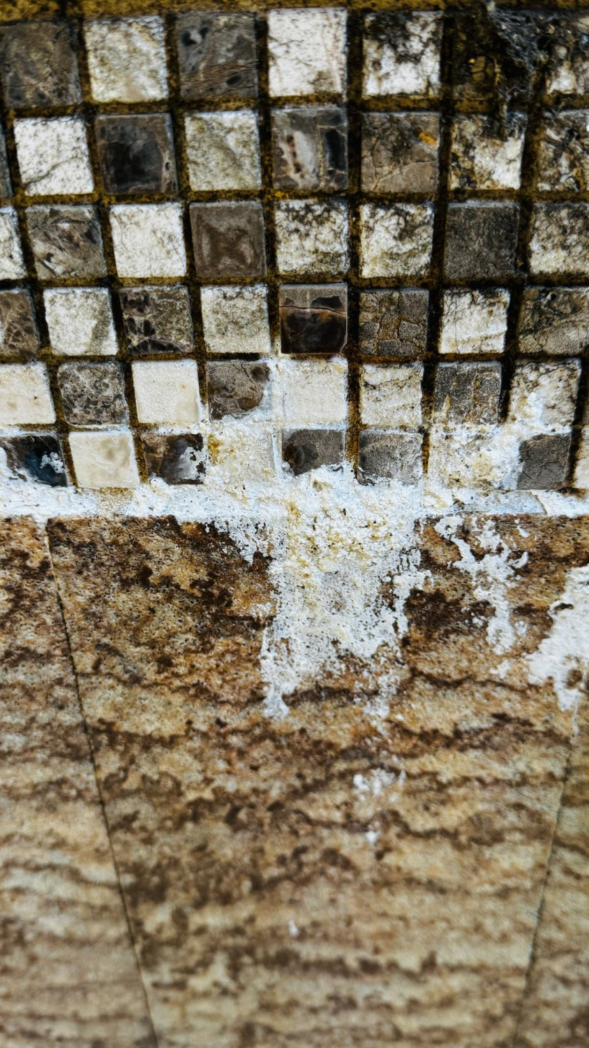 白色粉斑 代表有白華現象,像鹽巴也像黴菌,從孔隙或接縫處流出並增生,外牆變醜是一回事,也代表出現漏水口。