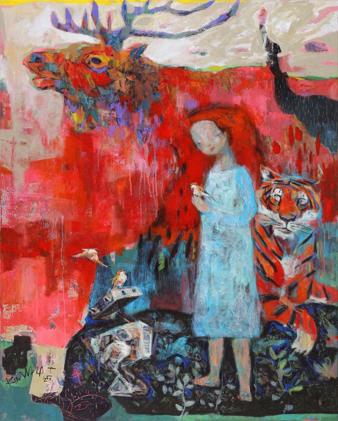 ▲蔡英君以「鹿角女孩安吉拉」系列探討生命歷程與情感起伏，作品融入自畫像特質，象徵自我成長與療癒，也為觀者開啟情感投射的共鳴空間。圖為國璽藝術展位一景。（國璽藝術提供）