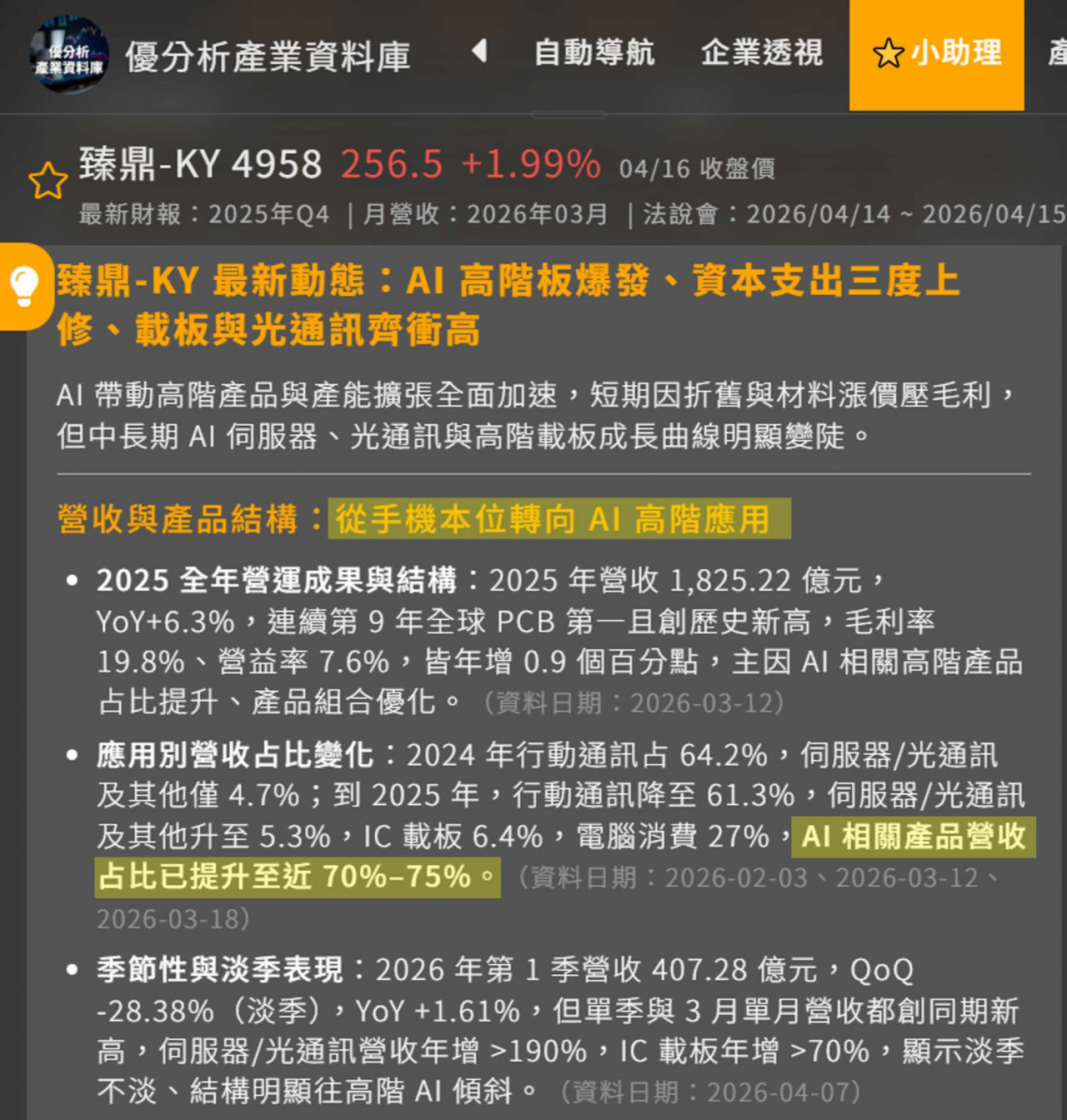 過去，臻鼎的營收高度依賴蘋果訂單，雖然穩健，但也受限於智慧型手機市場的飽和。然而，臻鼎這兩年悄悄換了賽道，全面切入輝達（Nvidia）AI 供應鏈。