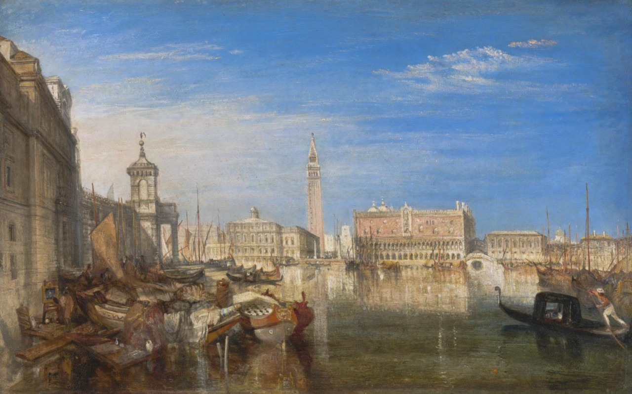 嘆息橋、總督宮和海關大樓，威尼斯：卡納萊托的繪畫（Bridge of Sighs, Ducal Palace and Custom-House, Venice_ Canaletti）約瑟夫．馬洛德．威廉．透納（Joseph Mallord William Turner），1833。(圖片來源