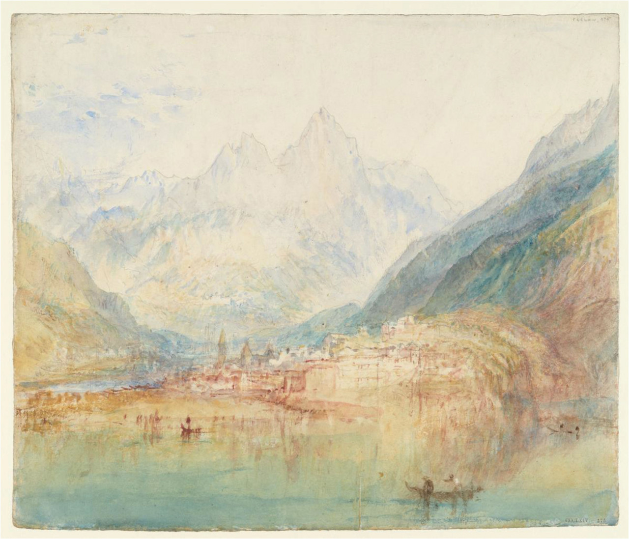 布魯嫩，從琉森湖的視角：樣本習作（Brunnen, from the Lake of Lucerne_ Sample Study），1843-5，約瑟夫．馬洛德．威廉．透納（Joseph Mallord William Turner）。（圖片來源：TATE）