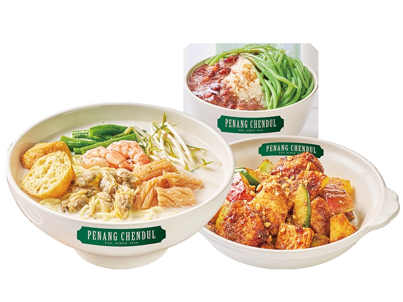 檳城三寶,包括檳城招牌煎蕊、檳城白咖哩海鮮麵,以及檳城水果羅惹