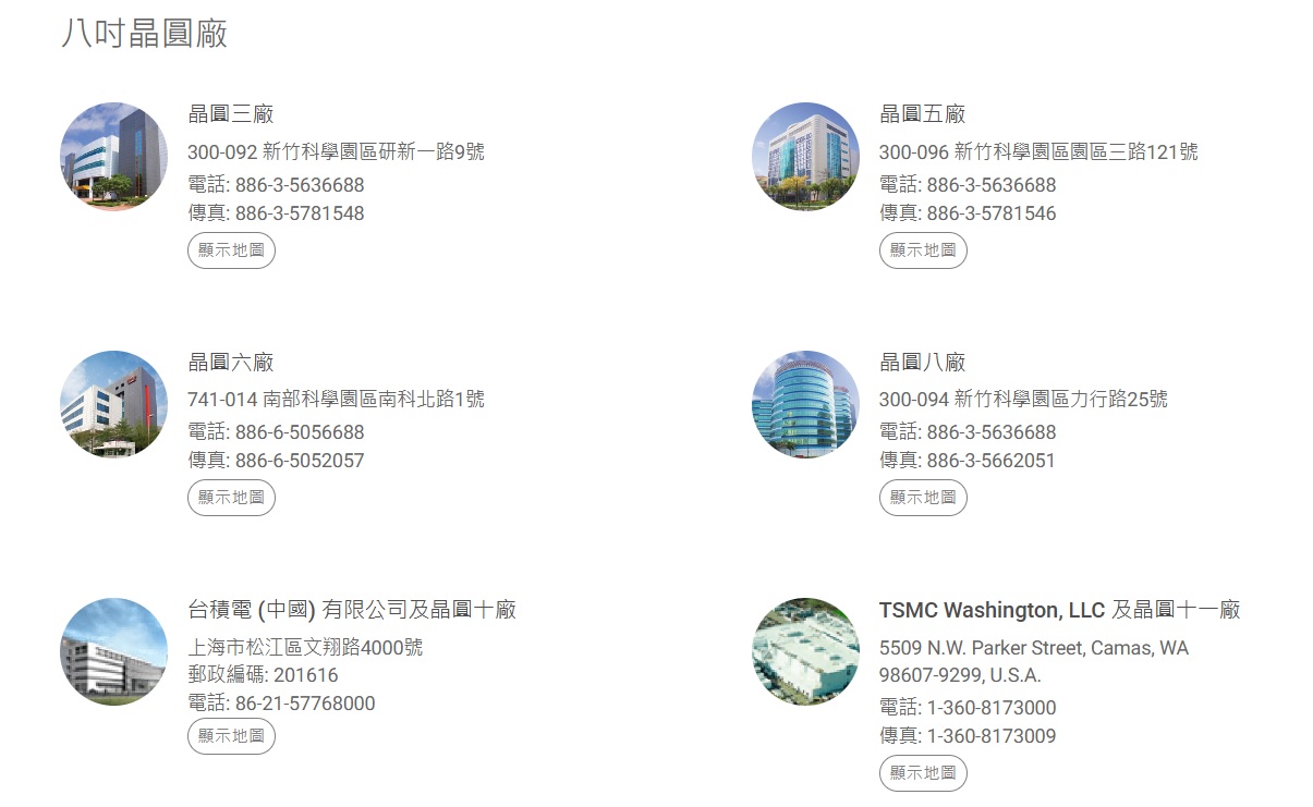 台積電現有六座8吋晶圓廠，分別在台灣、上海及美國華盛頓州