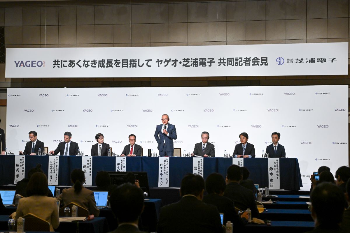 國巨集團10月21日與日本芝浦電子在東京舉行共同記者會