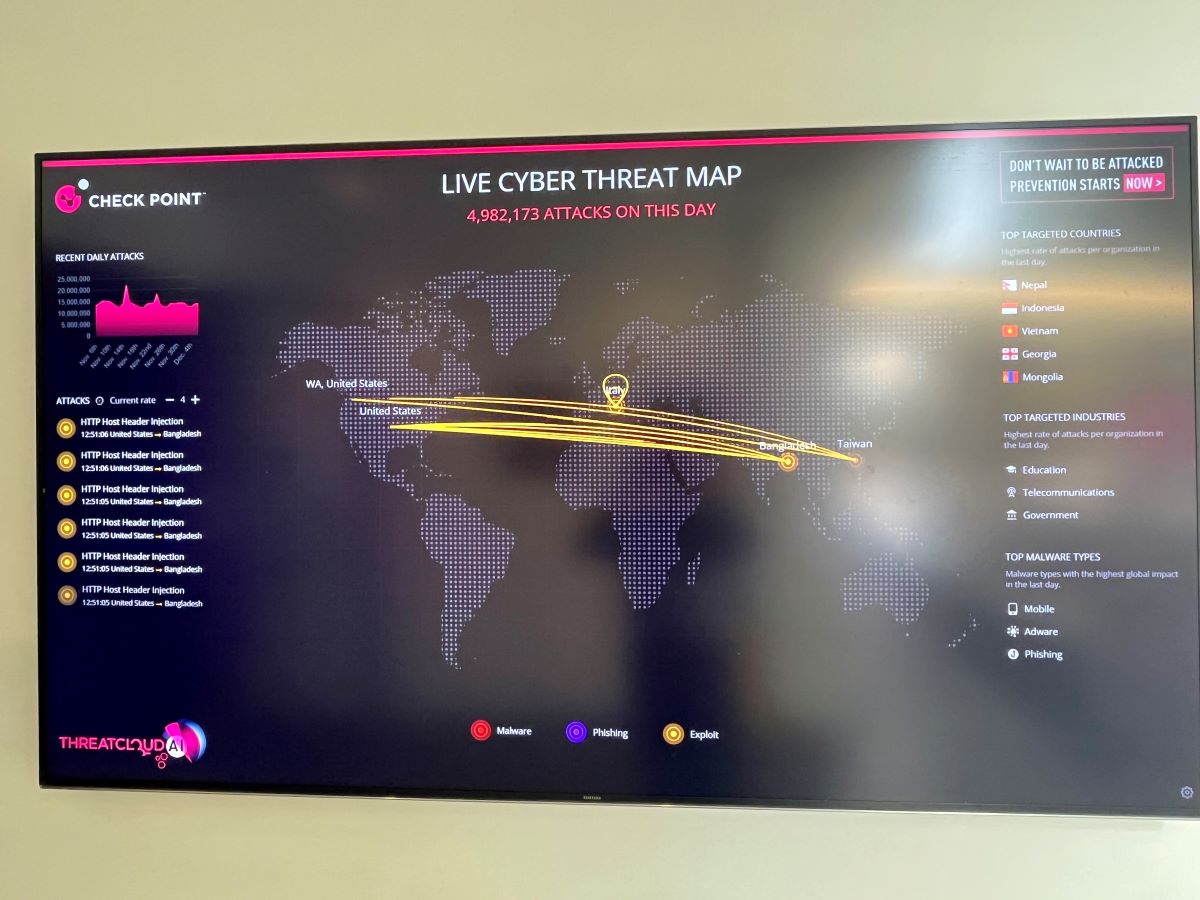 以色列資安巨擘Check Point總公司一樓大廳展示的即時全球網攻動態圖