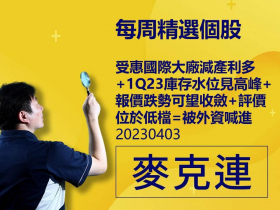 【麥克連】20230403精選個股：受惠國際大廠減產利多+1Q23庫存水位見高峰+報價跌勢可望收斂+評價位於低檔=被外資上調評等