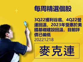 【麥克連】20221218精選個股：3Q22獲利谷底、4Q22營運回溫，2023年受惠於美國基礎建設回溫，目前評價已偏低