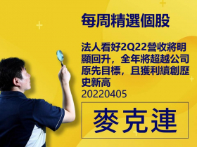 【麥克連】20220405精選個股：法人看好2Q22營收將明顯回升，全年將超越公司原先目標，且獲利續創歷史新高