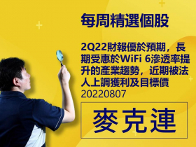 【麥克連】20220807精選個股：2Q22財報優於預期，長期受惠於WiFi 6滲透率提升的產業趨勢，近期被法人上調獲利及目標價