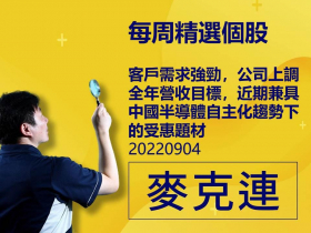 【麥克連】20220904精選個股：客戶需求強勁，公司上調全年營收目標，近期兼具中國半導體自主化趨勢下的受惠題材