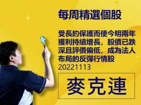 【麥克連】20221113精選個股：受長約保護而使今明兩年獲利持續增長，股價已跌深且評價偏低，成為法人布局的反彈行情股