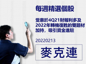 【麥克連】20220213精選個股：受惠於4Q21財報利多及2022年轉機復甦的雙題材加持，吸引資金進駐