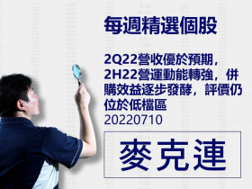 【麥克連】20220710精選個股：2Q22營收優於預期，2H22營運動能轉強，併購效益逐步發酵，評價仍位於低檔區