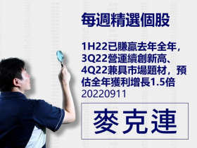 【麥克連】20220911精選個股：1H22已賺贏去年全年，3Q22營運續創新高、4Q22兼具市場題材，預估全年獲利增長1.5倍