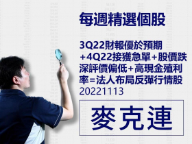 【麥克連】20221113精選個股：3Q22財報優於預期+4Q22接獲急單+股價已跌深評價偏低+高現金殖利率=法人布局反彈行情股