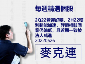 【麥克連】20220626精選個股：2Q22營運好轉、2H22獲利動能加速，評價相較同業仍偏低，且近期一致被法人喊進