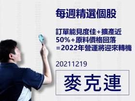 【麥克連】20211219精選個股：訂單能見度佳+擴產近50%+原料價格回落=2022年營運即將迎來轉機
