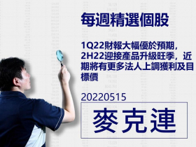 【麥克連】20220515精選個股：1Q22財報大幅優於預期，2H22迎接產品升級旺季，近期將有更多法人上調獲利及目標價