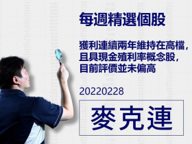 【麥克連】20220228精選個股：獲利連續兩年維持在高檔，且具現金殖利率概念股，目前評價並未偏高