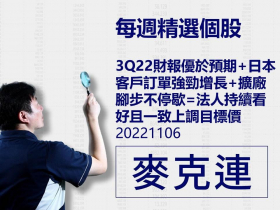 【麥克連】20221106精選個股：3Q22財報優於預期+日本客戶訂單強勁增長+擴廠腳步不停歇=法人持續看好且一致上調目標價