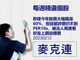【麥克連】20230212精選個股：即使今年股價大幅飆漲60%，但目前評價仍不到PER10x，被法人再度看好並上調目標價