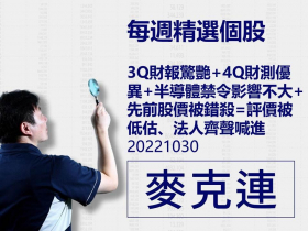【麥克連】20221030精選個股：3Q財報驚艷+4Q財測優異+半導體禁令影響不大+先前股價被錯殺=評價被低估、法人齊聲喊進