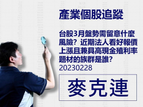 【麥克連】20230228產業個股追蹤：台股3月盤勢需留意什麼風險？近期法人看好報價上漲且兼具高現金殖利率題材的族群是誰？