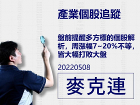 【麥克連】20220508產業個股追蹤：盤前提醒多方標的個股解析，周漲幅7~20%不等，皆大幅打敗大盤